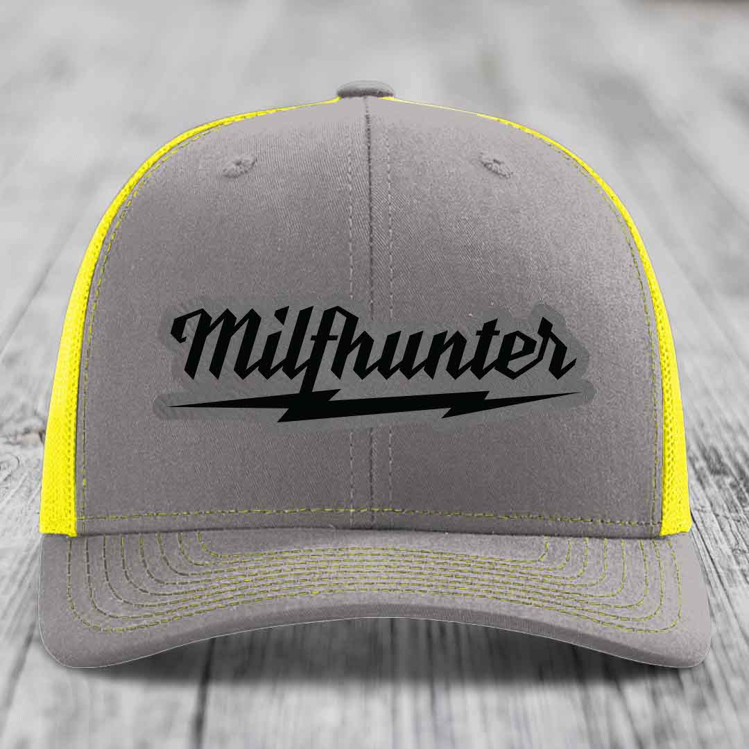 Milfhunter - Leather Patch Hat - Grey to Black Patch - Richardson 112 Snapback Trucker Hat