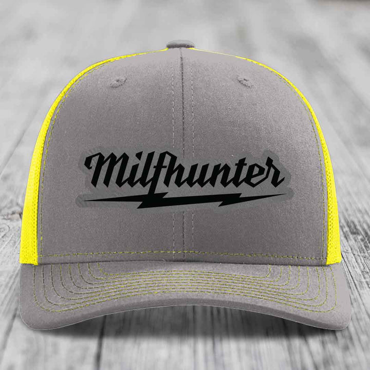 Milfhunter - Leather Patch Hat - Grey to Black Patch - Richardson 112 Snapback Trucker Hat