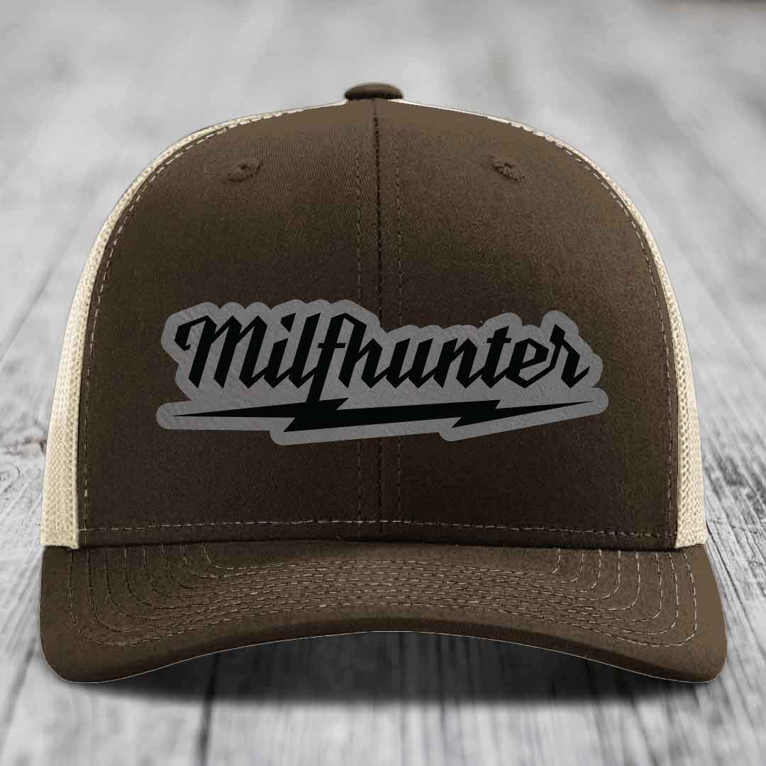 Milfhunter - Leather Patch Hat - Grey to Black Patch - Richardson 112 Snapback Trucker Hat