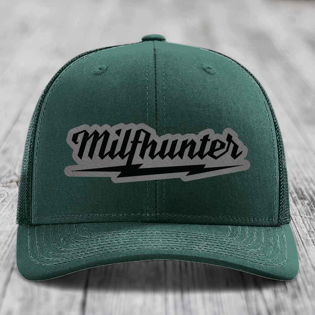 Milfhunter - Leather Patch Hat - Grey to Black Patch - Richardson 112 Snapback Trucker Hat