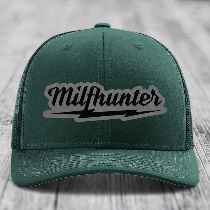 Milfhunter - Leather Patch Hat - Grey to Black Patch - Richardson 112 Snapback Trucker Hat