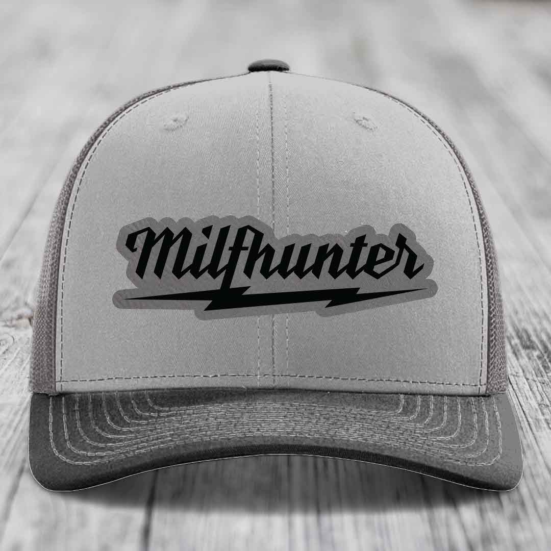 Milfhunter - Leather Patch Hat - Grey to Black Patch - Richardson 112 Snapback Trucker Hat