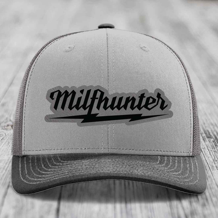 Milfhunter - Leather Patch Hat - Grey to Black Patch - Richardson 112 Snapback Trucker Hat