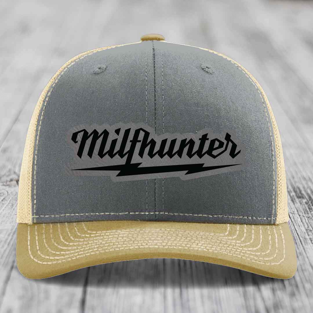 Milfhunter - Leather Patch Hat - Grey to Black Patch - Richardson 112 Snapback Trucker Hat