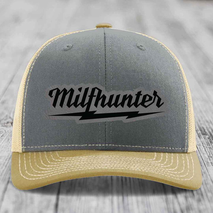 Milfhunter - Leather Patch Hat - Grey to Black Patch - Richardson 112 Snapback Trucker Hat