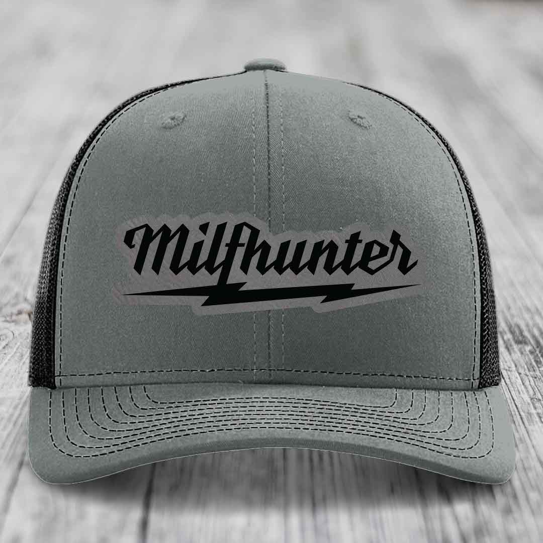 Milfhunter - Leather Patch Hat - Grey to Black Patch - Richardson 112 Snapback Trucker Hat