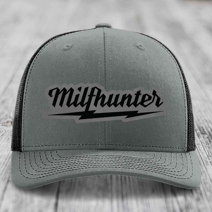 Milfhunter - Leather Patch Hat - Grey to Black Patch - Richardson 112 Snapback Trucker Hat