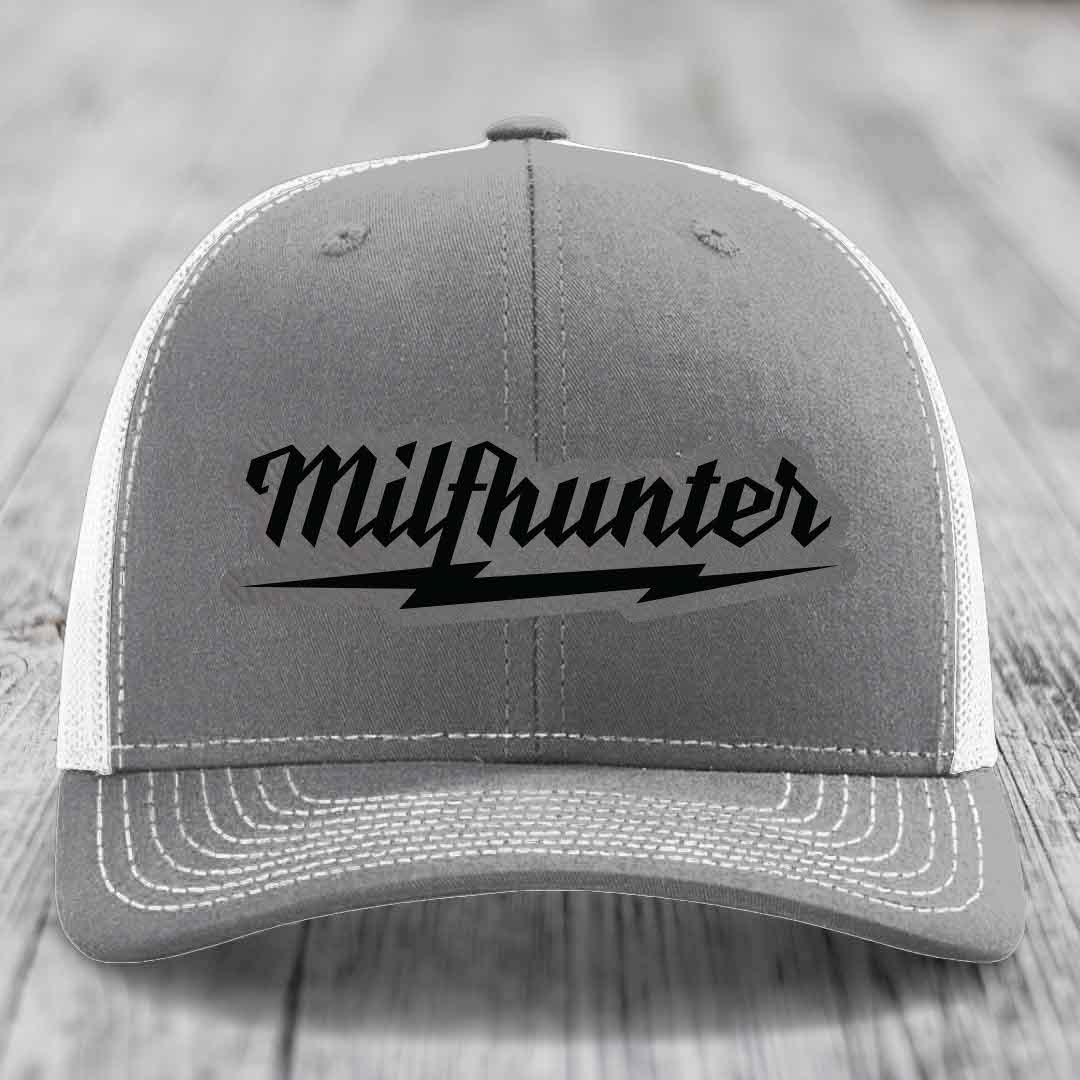 Milfhunter - Leather Patch Hat - Grey to Black Patch - Richardson 112 Snapback Trucker Hat