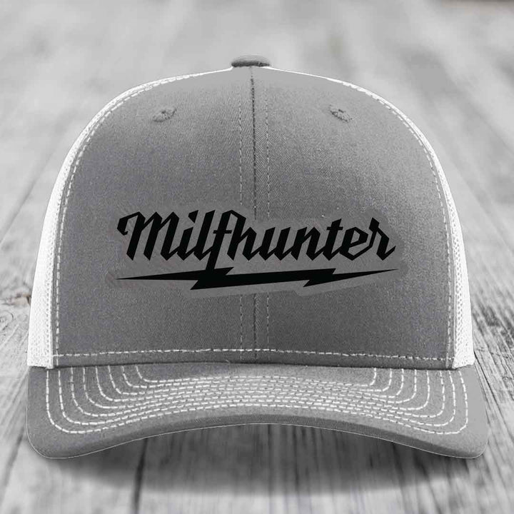 Milfhunter - Leather Patch Hat - Grey to Black Patch - Richardson 112 Snapback Trucker Hat