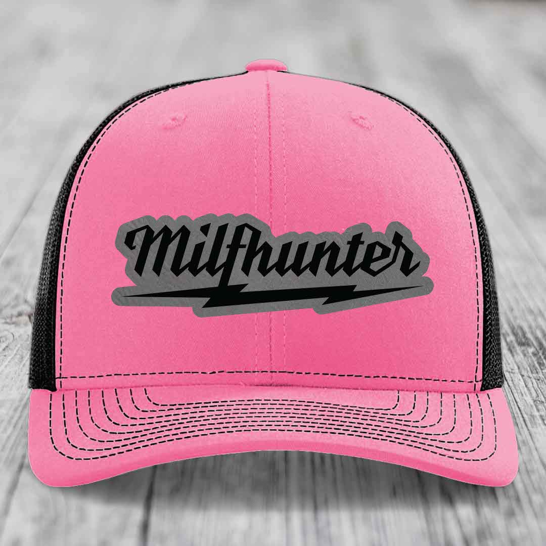 Milfhunter - Leather Patch Hat - Grey to Black Patch - Richardson 112 Snapback Trucker Hat
