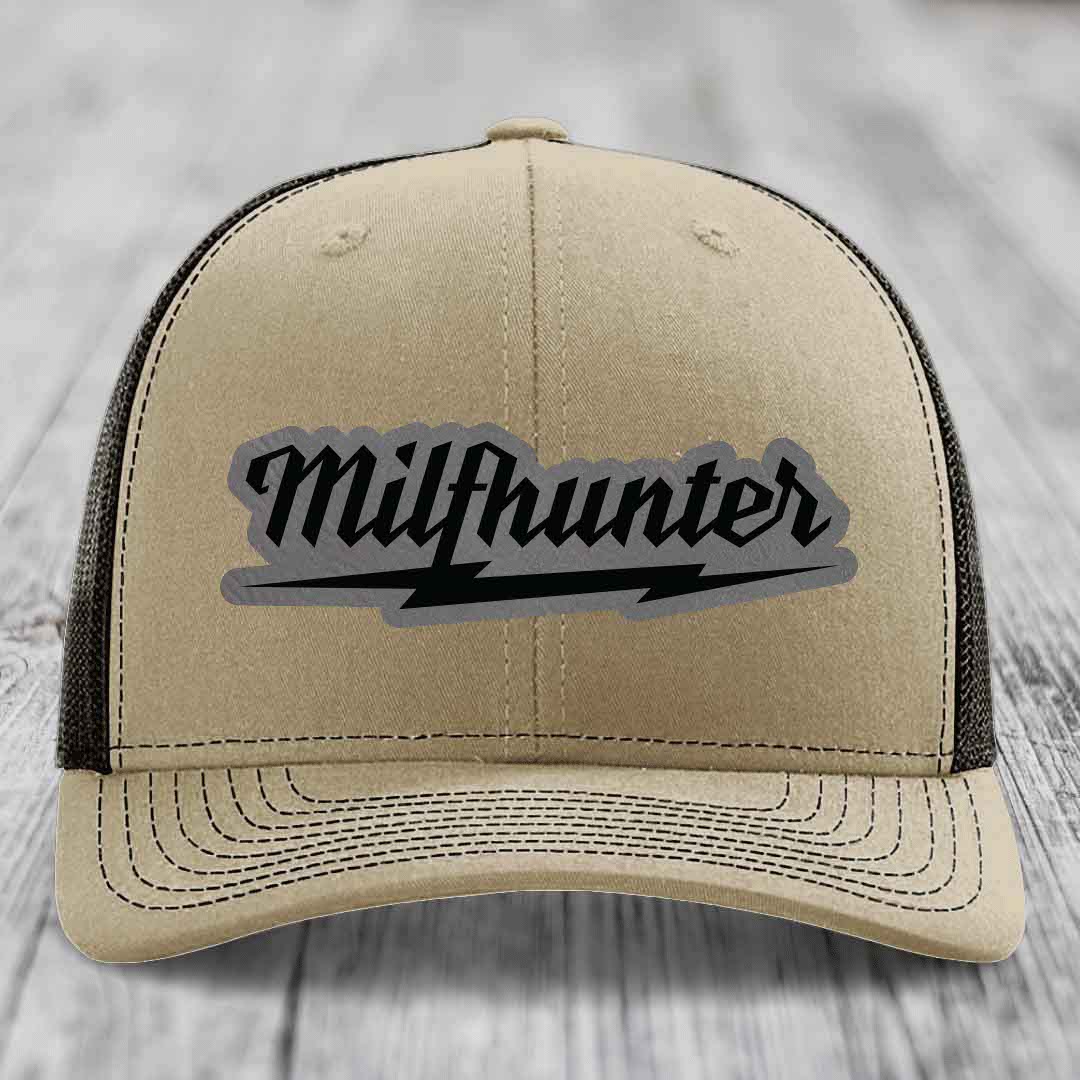 Milfhunter - Leather Patch Hat - Grey to Black Patch - Richardson 112 Snapback Trucker Hat