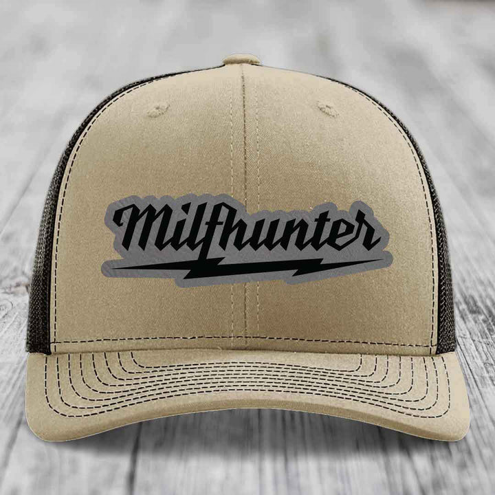 Milfhunter - Leather Patch Hat - Grey to Black Patch - Richardson 112 Snapback Trucker Hat