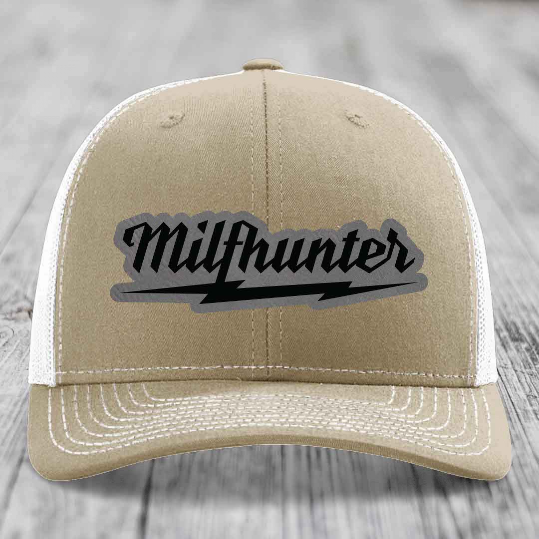 Milfhunter - Leather Patch Hat - Grey to Black Patch - Richardson 112 Snapback Trucker Hat