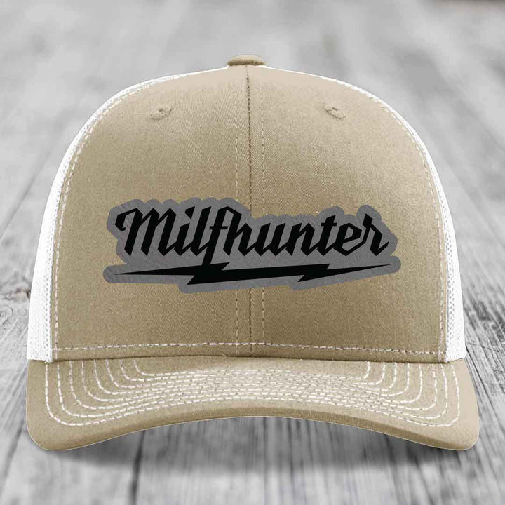 Milfhunter - Leather Patch Hat - Grey to Black Patch - Richardson 112 Snapback Trucker Hat