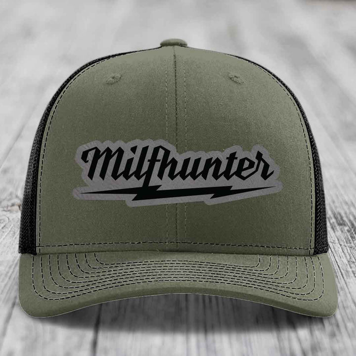 Milfhunter - Leather Patch Hat - Grey to Black Patch - Richardson 112 Snapback Trucker Hat