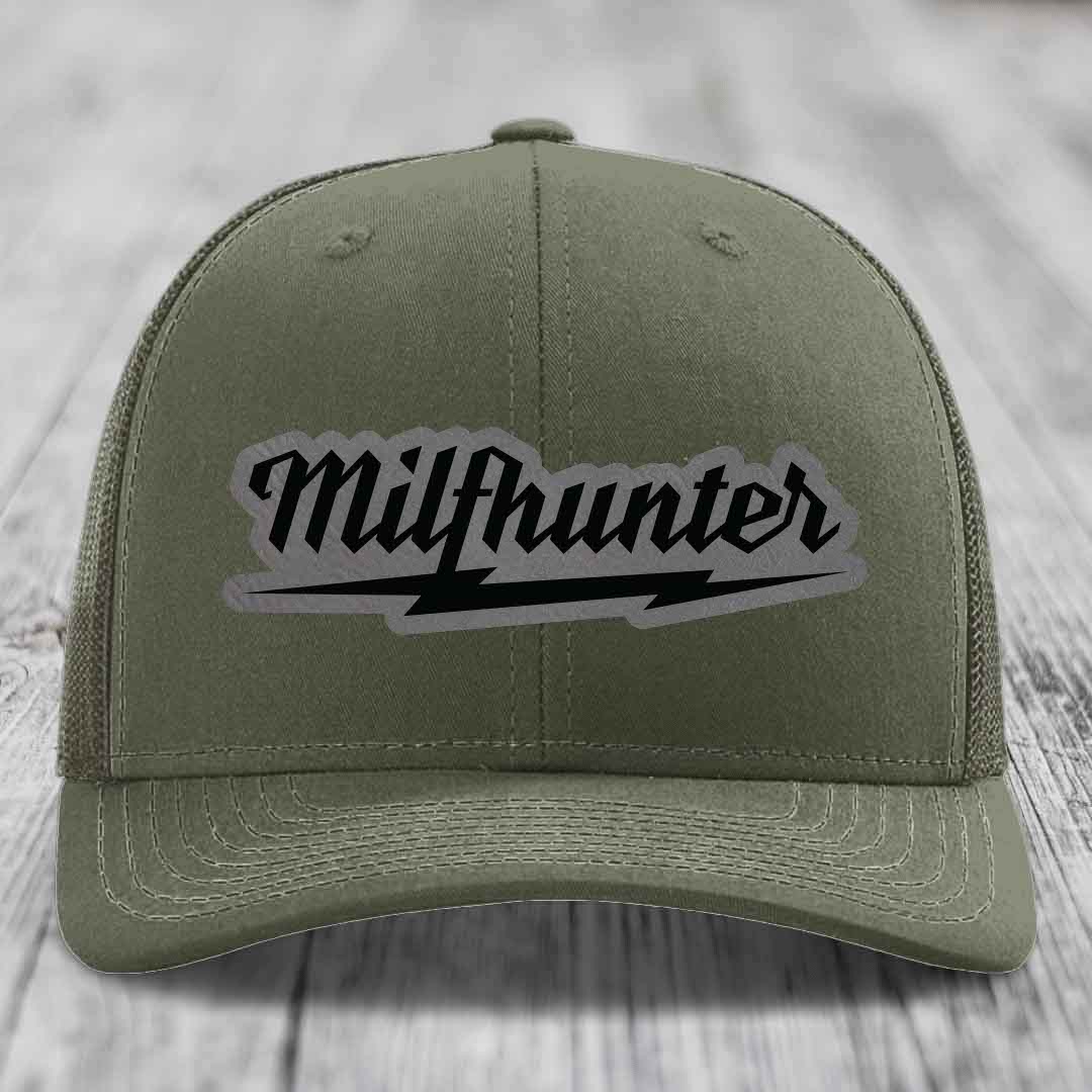 Milfhunter - Leather Patch Hat - Grey to Black Patch - Richardson 112 Snapback Trucker Hat