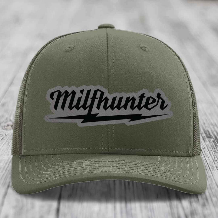 Milfhunter - Leather Patch Hat - Grey to Black Patch - Richardson 112 Snapback Trucker Hat