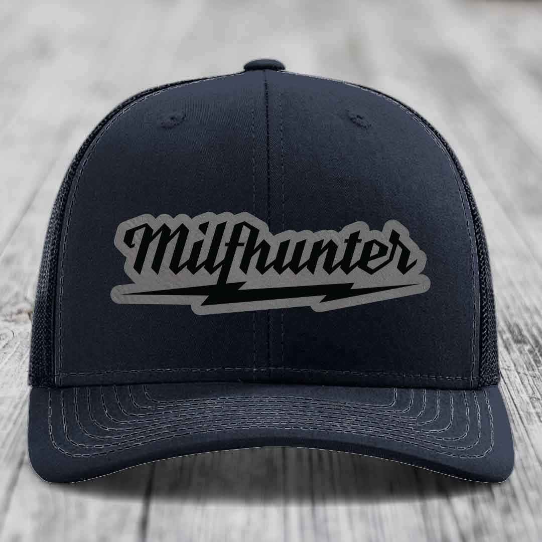 Milfhunter - Leather Patch Hat - Grey to Black Patch - Richardson 112 Snapback Trucker Hat