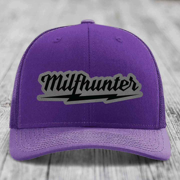 Milfhunter - Leather Patch Hat - Grey to Black Patch - Richardson 112 Snapback Trucker Hat