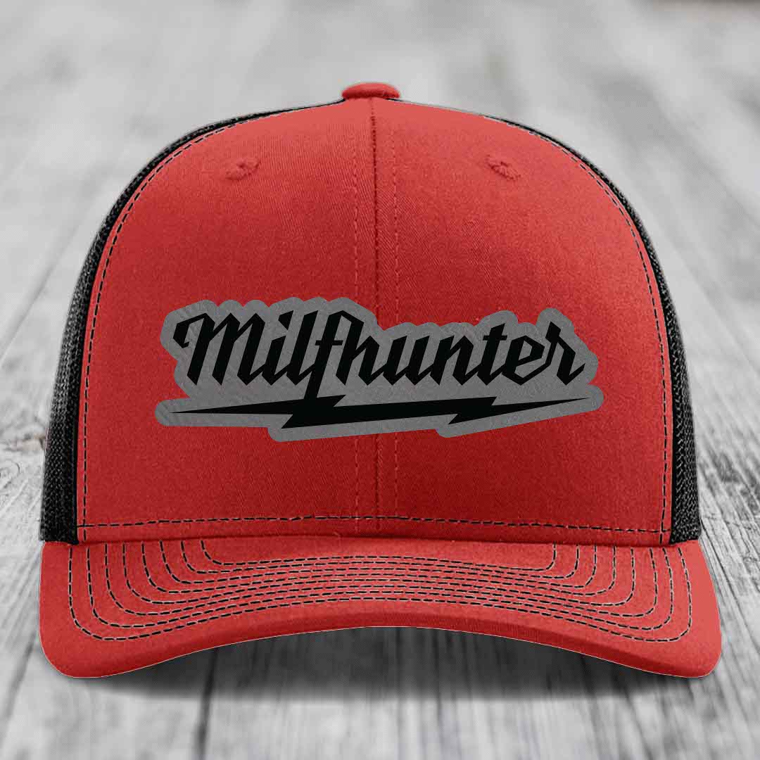 Milfhunter - Leather Patch Hat - Grey to Black Patch - Richardson 112 Snapback Trucker Hat