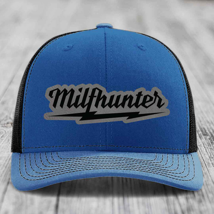 Milfhunter - Leather Patch Hat - Grey to Black Patch - Richardson 112 Snapback Trucker Hat