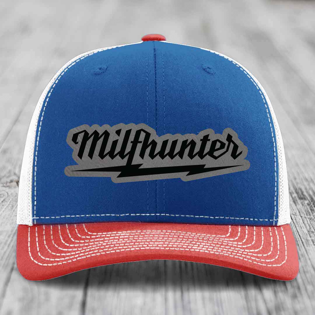 Milfhunter - Leather Patch Hat - Grey to Black Patch - Richardson 112 Snapback Trucker Hat