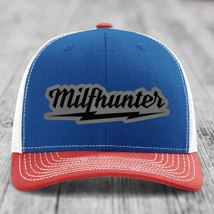 Milfhunter - Leather Patch Hat - Grey to Black Patch - Richardson 112 Snapback Trucker Hat