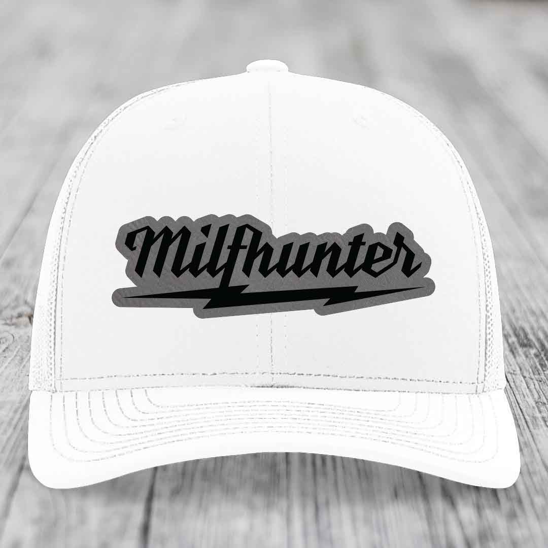 Milfhunter - Leather Patch Hat - Grey to Black Patch - Richardson 112 Snapback Trucker Hat