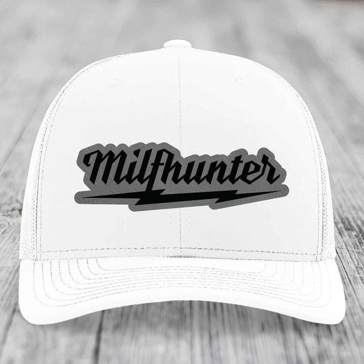 Milfhunter - Leather Patch Hat - Grey to Black Patch - Richardson 112 Snapback Trucker Hat