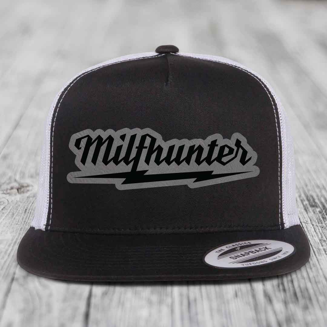 Milfhunter - Leather Patch Hat - Grey to Black Patch - Yupoong 6006 Snapback Flatbill Hat