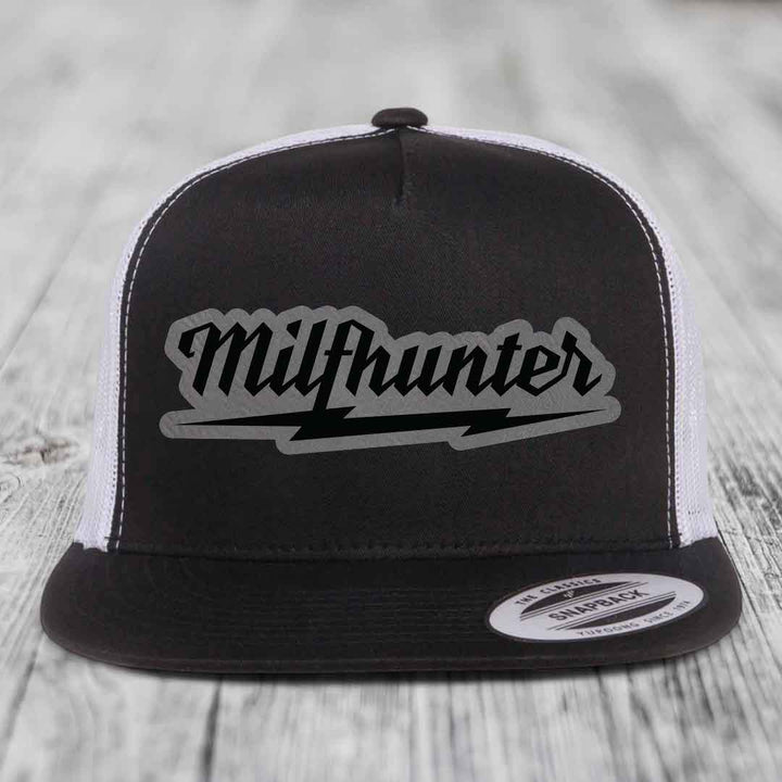 Milfhunter - Leather Patch Hat - Grey to Black Patch - Yupoong 6006 Snapback Flatbill Hat