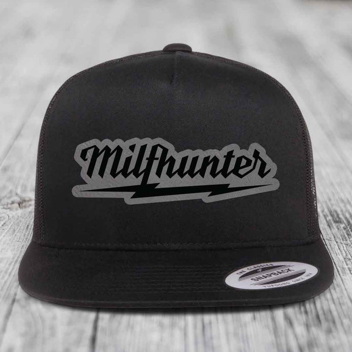 Milfhunter - Leather Patch Hat - Grey to Black Patch - Yupoong 6006 Snapback Flatbill Hat