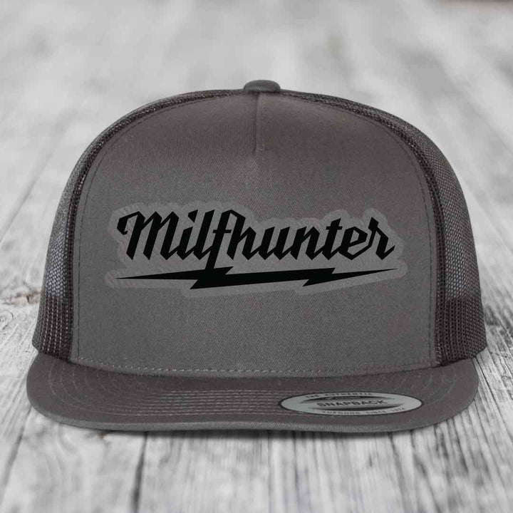 Milfhunter - Leather Patch Hat - Grey to Black Patch - Yupoong 6006 Snapback Flatbill Hat