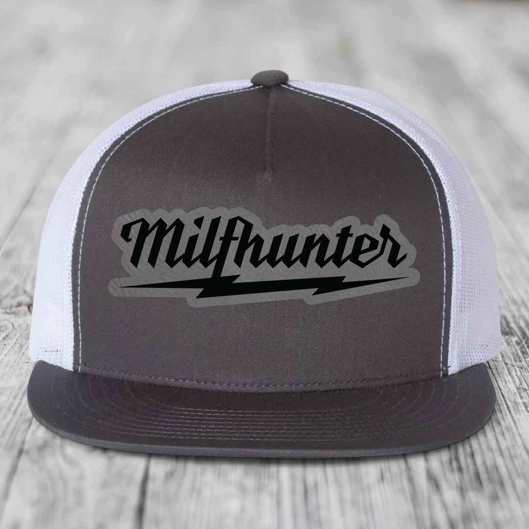 Milfhunter - Leather Patch Hat - Grey to Black Patch - Yupoong 6006 Snapback Flatbill Hat