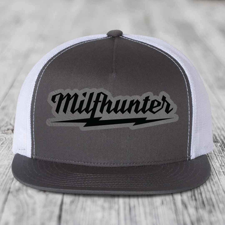Milfhunter - Leather Patch Hat - Grey to Black Patch - Yupoong 6006 Snapback Flatbill Hat