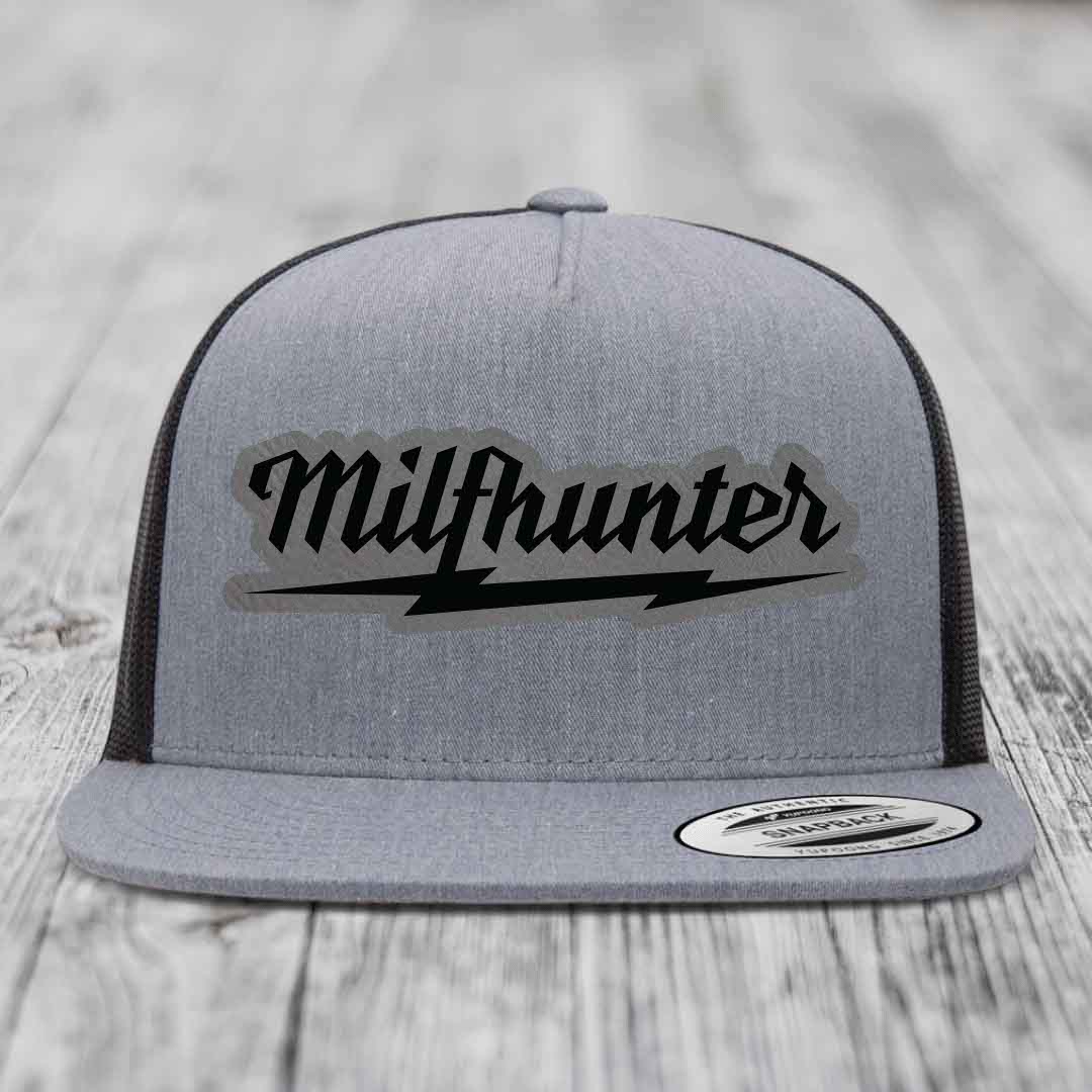 Milfhunter - Leather Patch Hat - Grey to Black Patch - Yupoong 6006 Snapback Flatbill Hat