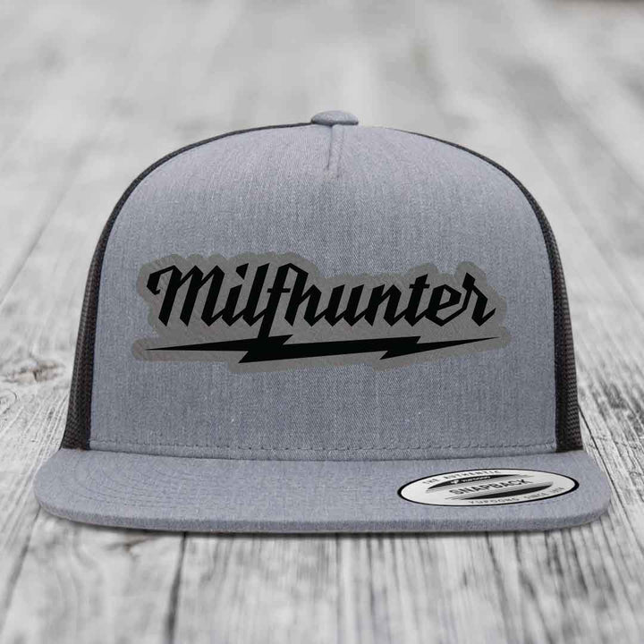 Milfhunter - Leather Patch Hat - Grey to Black Patch - Yupoong 6006 Snapback Flatbill Hat