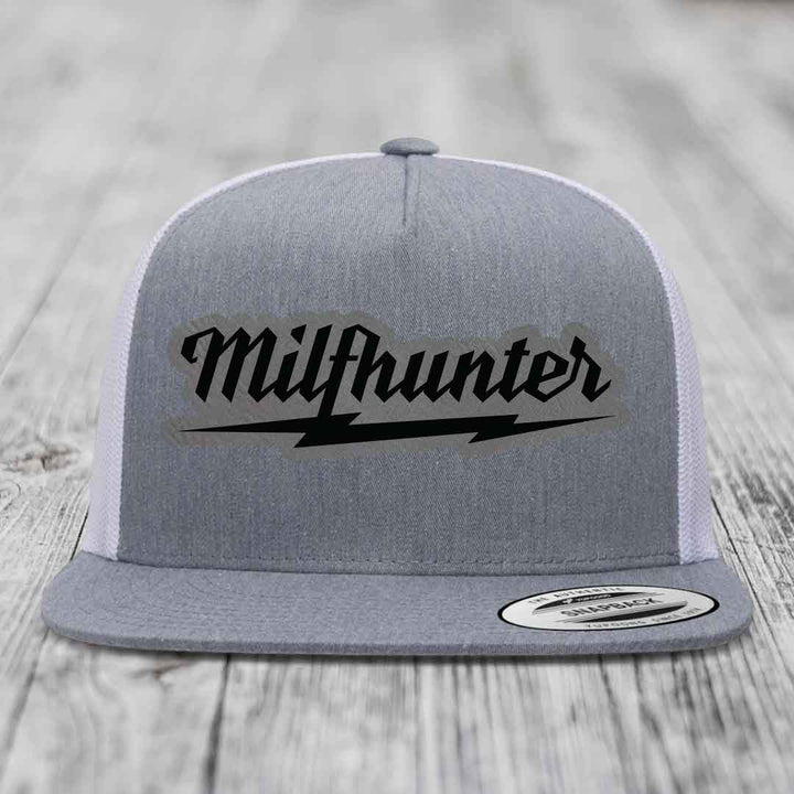 Milfhunter - Leather Patch Hat - Grey to Black Patch - Yupoong 6006 Snapback Flatbill Hat