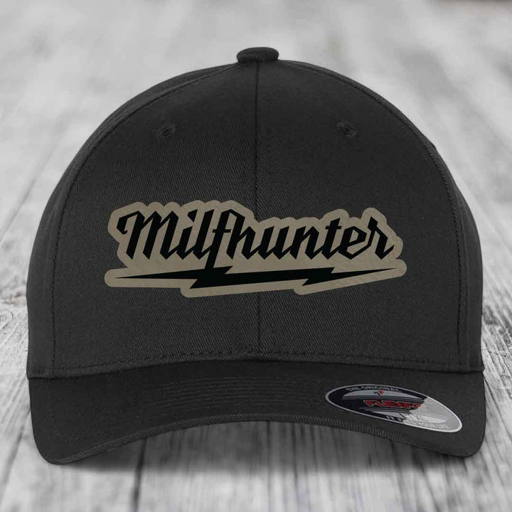 Milfhunter - Leather Patch Hat - Light Brown to Black Patch - Flexfit 6277 Fitted Hat
