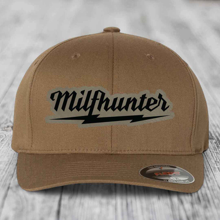 Milfhunter - Leather Patch Hat - Light Brown to Black Patch - Flexfit 6277 Fitted Hat