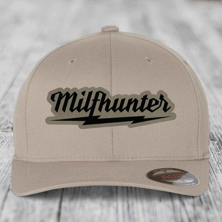Milfhunter - Leather Patch Hat - Light Brown to Black Patch - Flexfit 6277 Fitted Hat