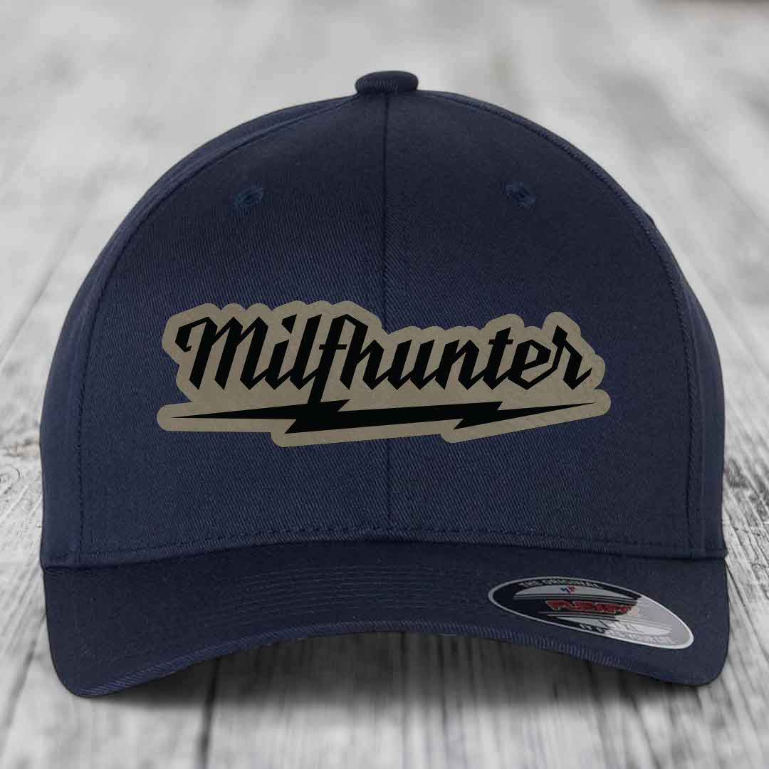 Milfhunter - Leather Patch Hat - Light Brown to Black Patch - Flexfit 6277 Fitted Hat