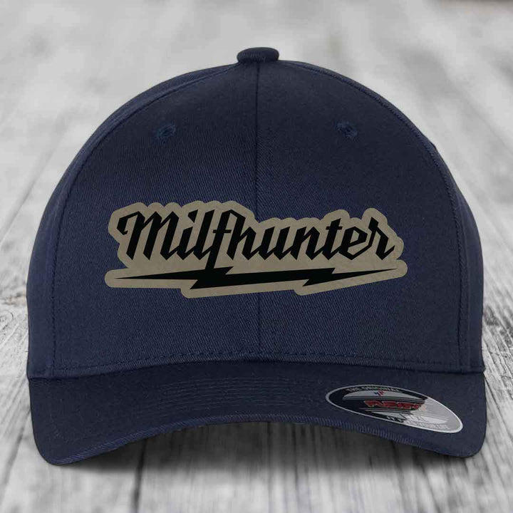 Milfhunter - Leather Patch Hat - Light Brown to Black Patch - Flexfit 6277 Fitted Hat