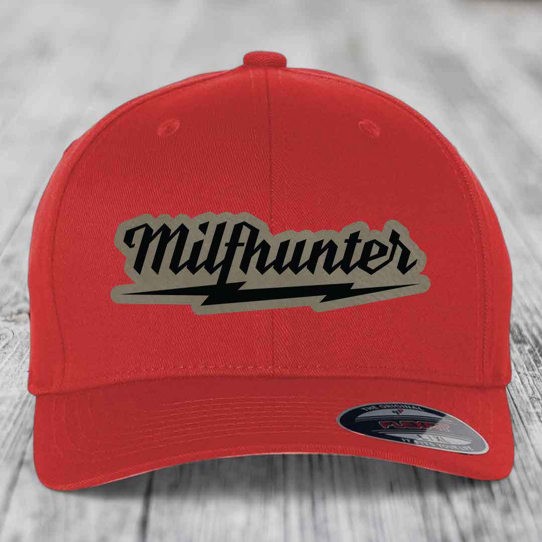 Milfhunter - Leather Patch Hat - Light Brown to Black Patch - Flexfit 6277 Fitted Hat