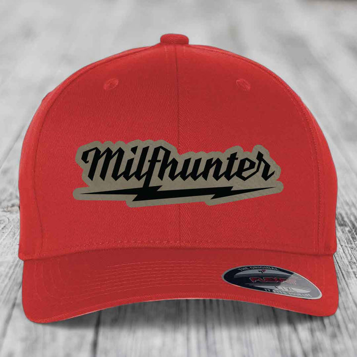 Milfhunter - Leather Patch Hat - Light Brown to Black Patch - Flexfit 6277 Fitted Hat
