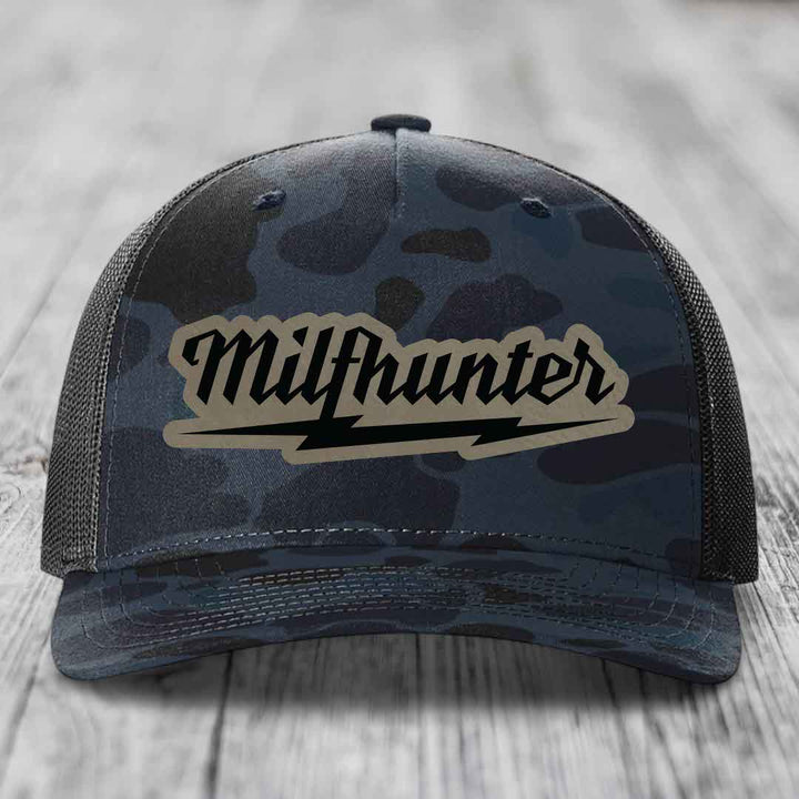 Milfhunter - Leather Patch Hat - Light Brown to Black Patch - Richardson 112PFP Snapback Trucker Hat