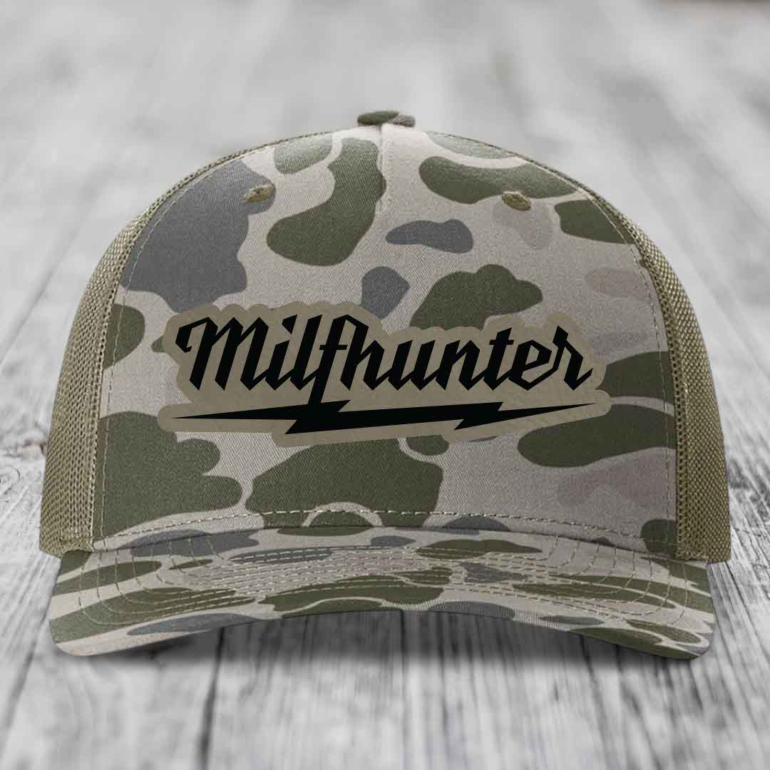 Milfhunter - Leather Patch Hat - Light Brown to Black Patch - Richardson 112PFP Snapback Trucker Hat