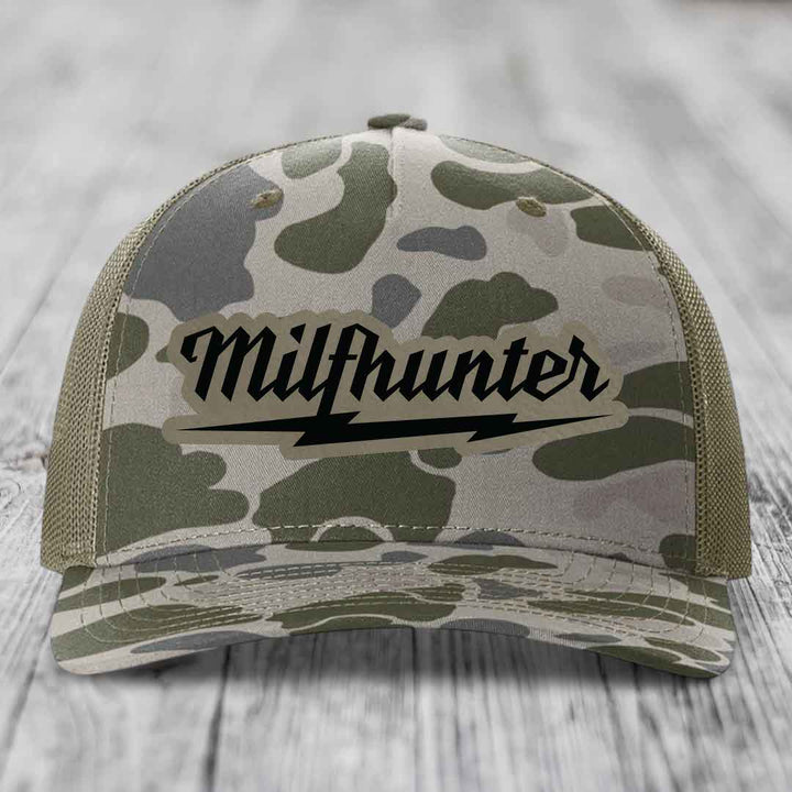 Milfhunter - Leather Patch Hat - Light Brown to Black Patch - Richardson 112PFP Snapback Trucker Hat