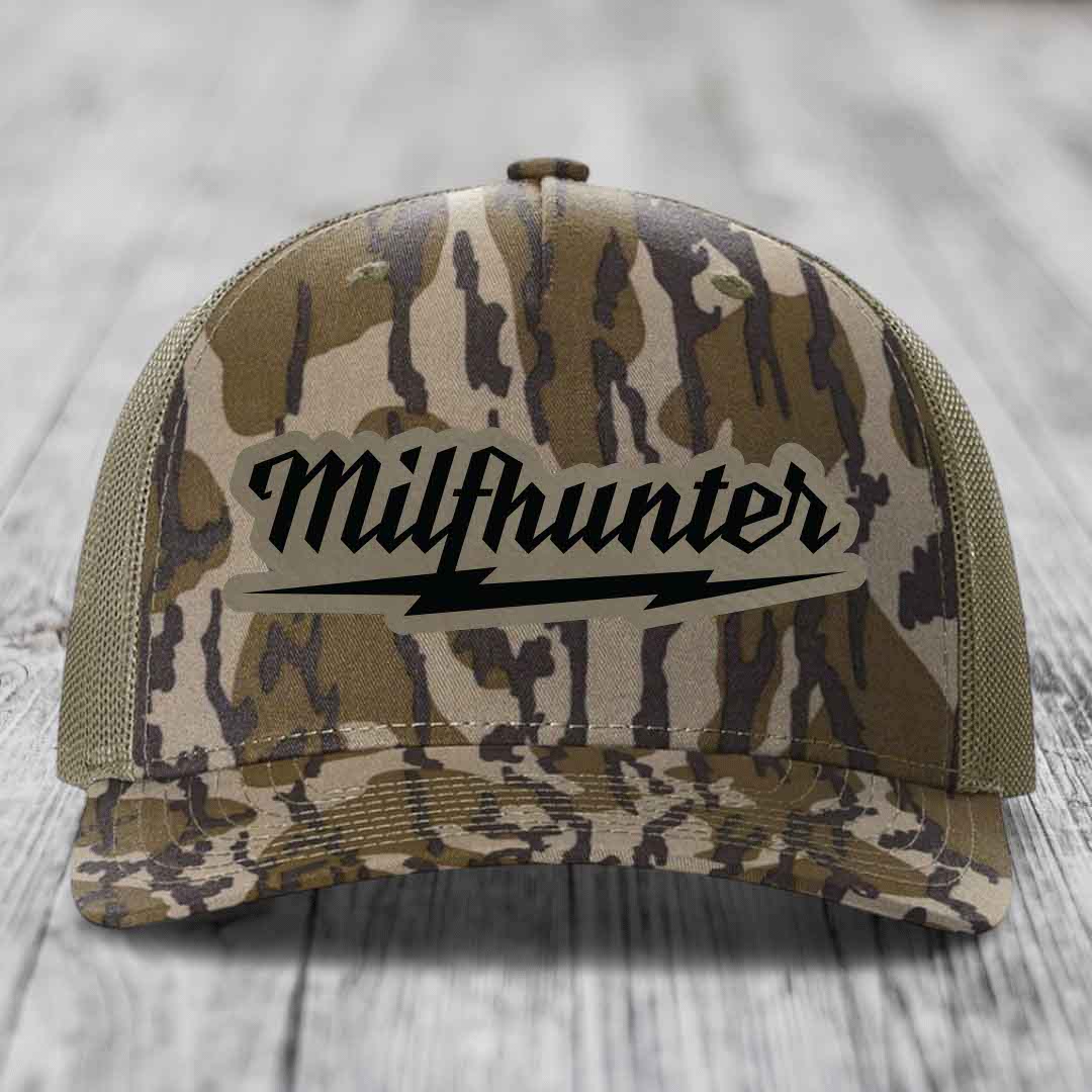 Milfhunter - Leather Patch Hat - Light Brown to Black Patch - Richardson 112PFP Snapback Trucker Hat