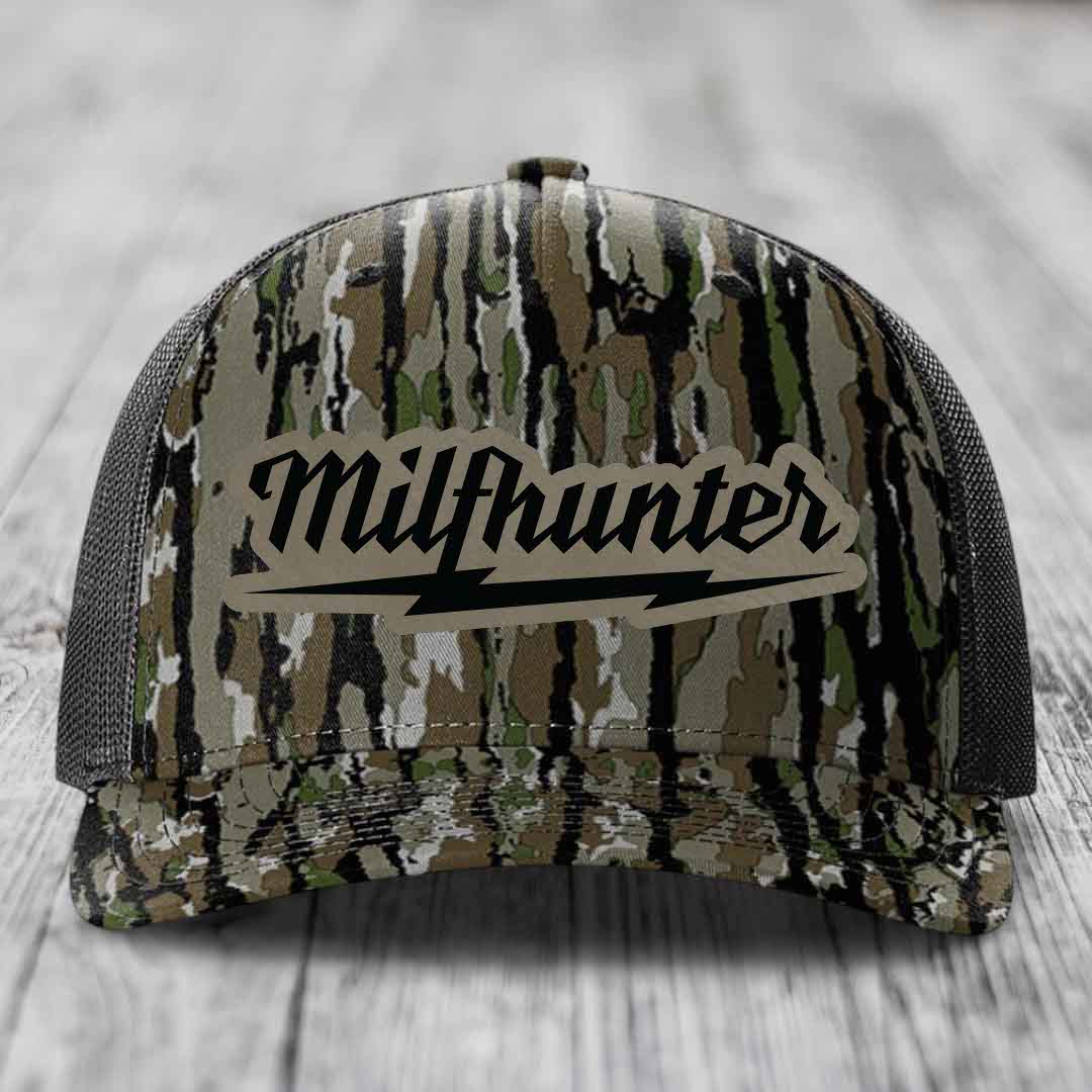 Milfhunter - Leather Patch Hat - Light Brown to Black Patch - Richardson 112PFP Snapback Trucker Hat